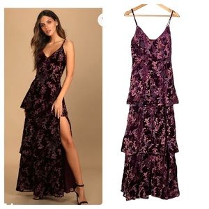 Lulus I Love You Amore Plum Purple Floral Velvet Tiered Maxi Dress